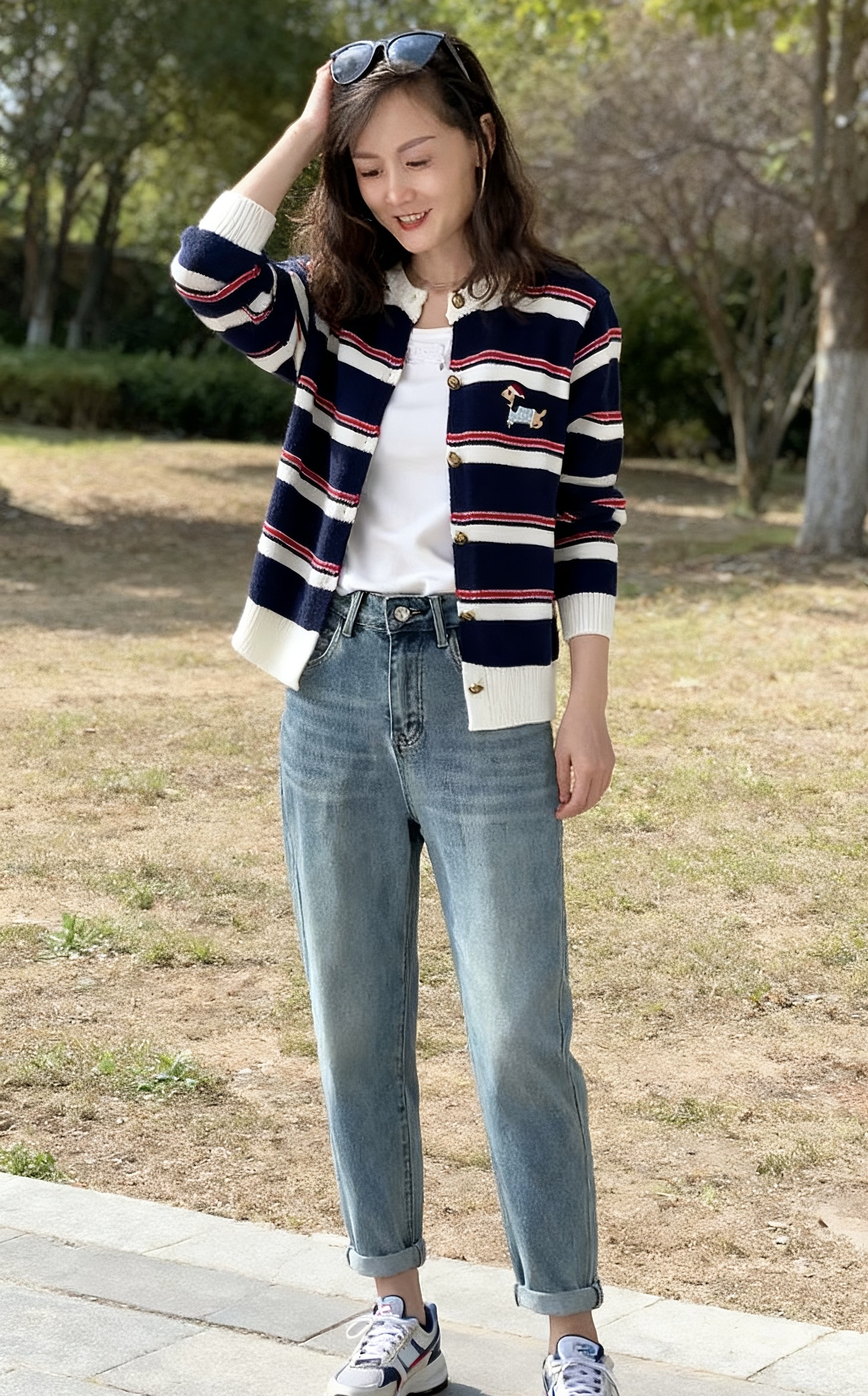 针织长袖宽松狗小香风短款时尚休闲复古条纹撞色