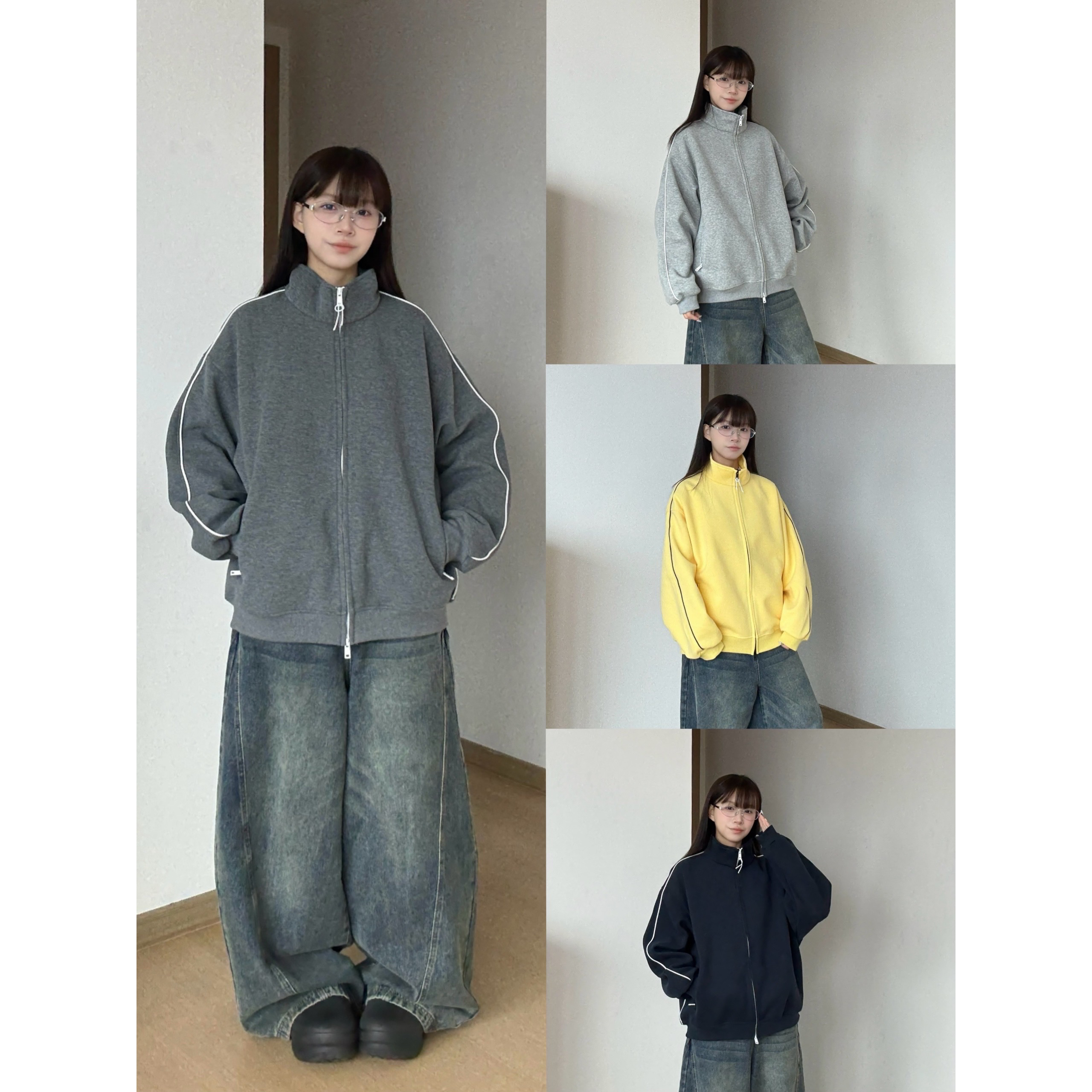 秋冬新款运动风落肩袖外套宽松外套韩版立领休闲风男女款夹克开衫