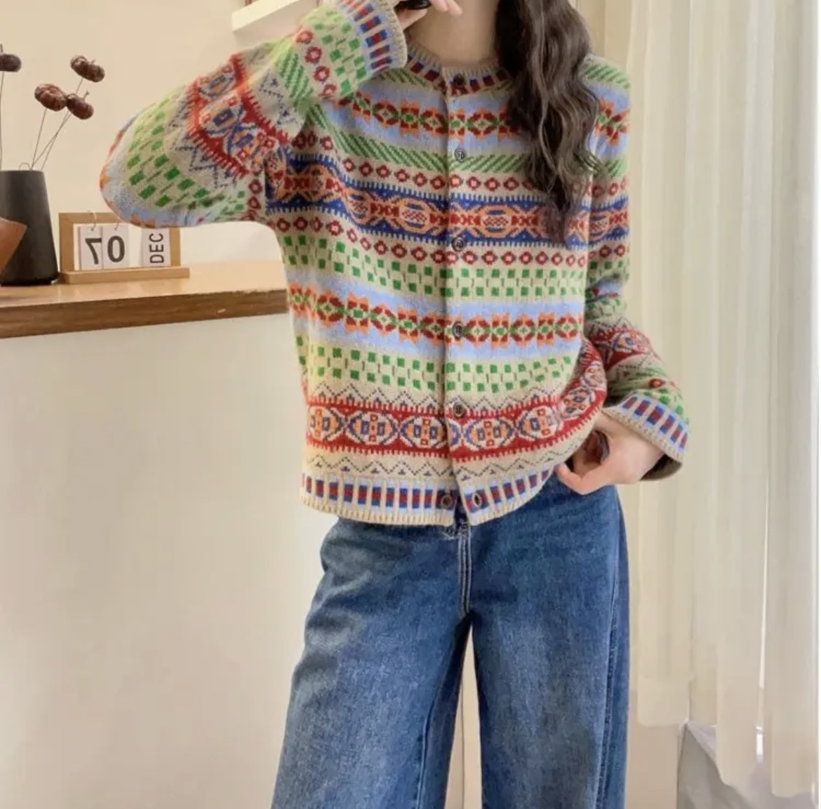 【超细绵羊毛】秋冬新款复古民族风提花单排扣针织开衫女毛衣外套