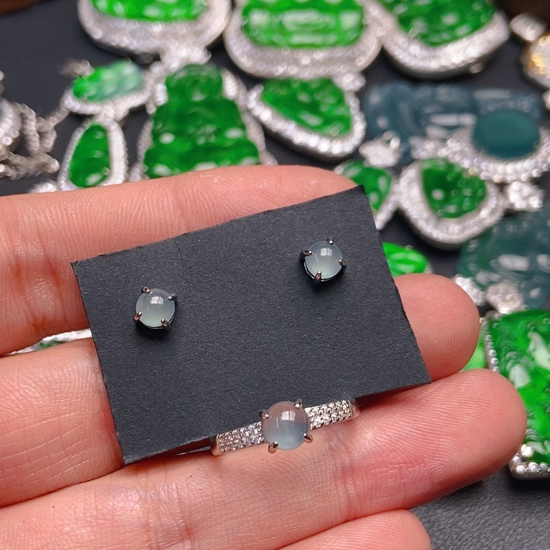 翡翠耳饰银S925镶嵌879耳钉带戒指