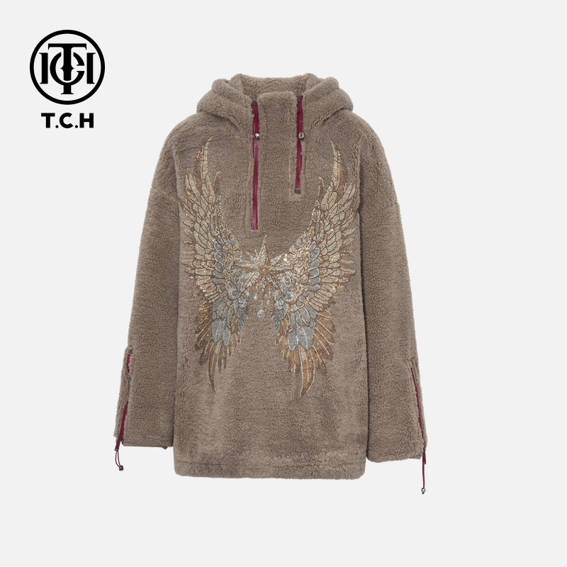 TCH【保暖绒面】冬款慵懒风时尚烫钻淑女咖色长袖帽衫T75D12E1002