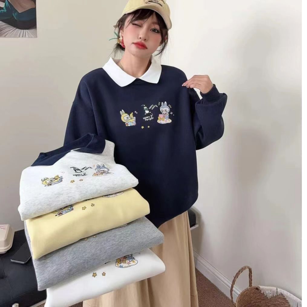 加绒卫衣 新款 POLO领 假两件 衬衣领 拉布布刺绣 宽松减龄卫衣