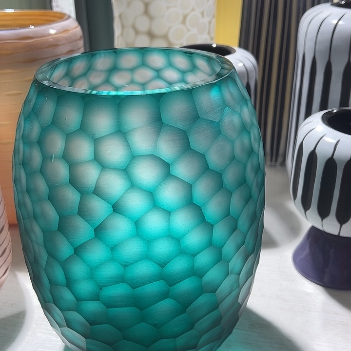 琉璃手工艺品兰绿色磨刻花瓶花器高24口11