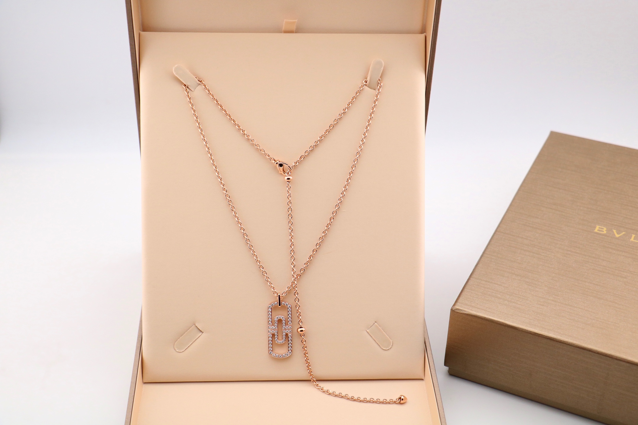 99新 BVLGARI/宝格丽 18k玫瑰金回形针满钻项链