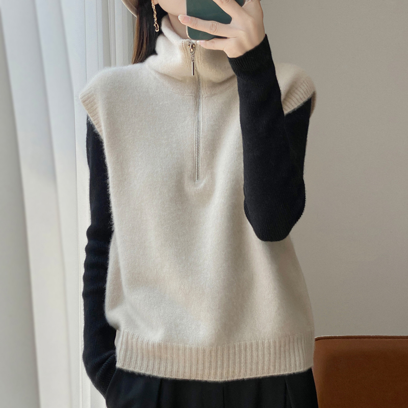 羊毛高领拉链针织简约风背带马甲马夹百搭秋冬
