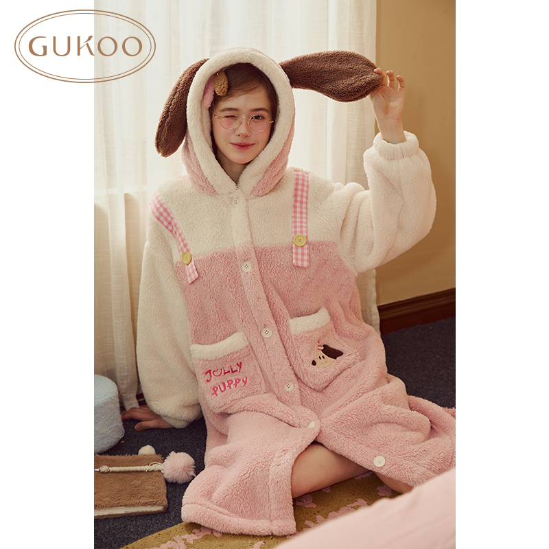 【Gukoo果壳】长袖睡袍套装睡衣连帽秋冬季轰轰小狗可爱家居服女士