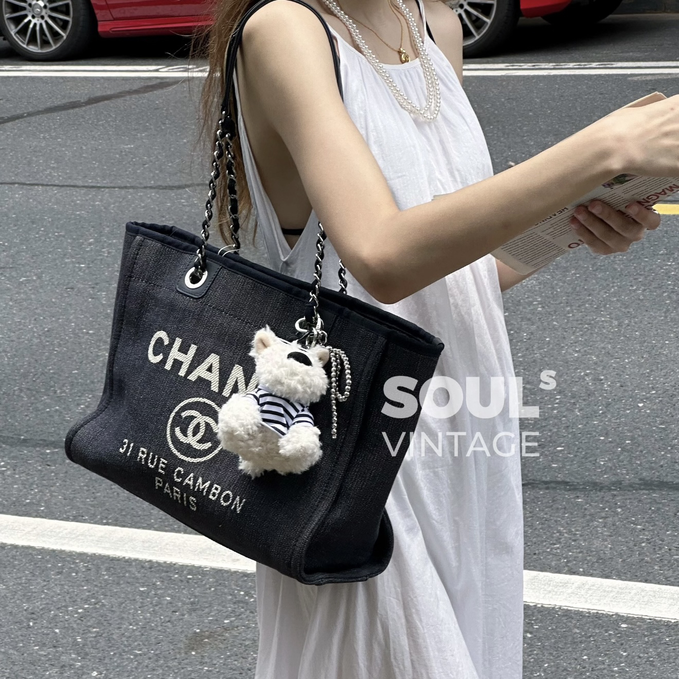 95新 Chanel/香奈儿 Chanel蓝白帆布拼皮沙滩中号/677036571