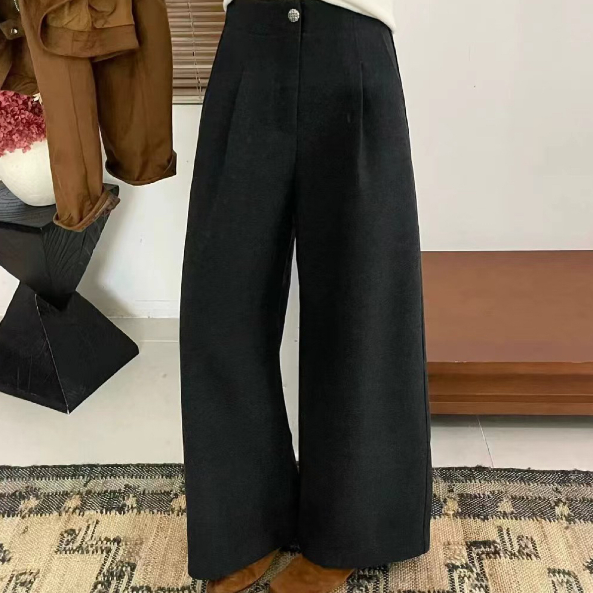 慵懒高级感灰色毛呢高腰直筒阔腿女裤