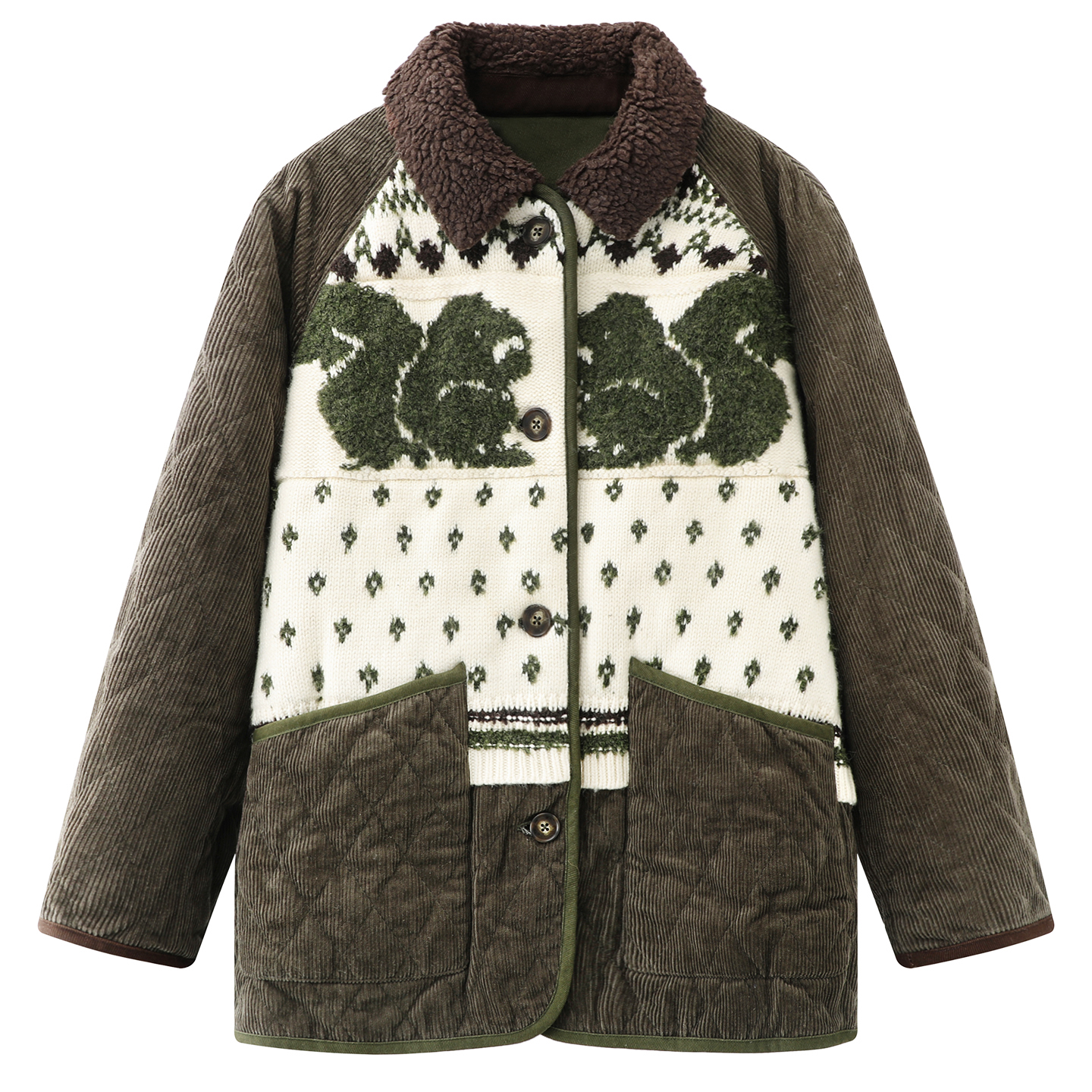 【松影成双】慵懒复古棉服绿色灯芯绒费尔岛设计夹棉外套女.Y50137