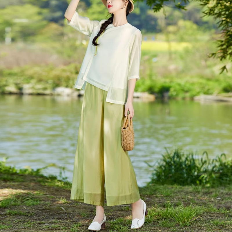 YX#新中式两件套夏季民族风优雅宽松显瘦小衫阔腿裤套装DY13457