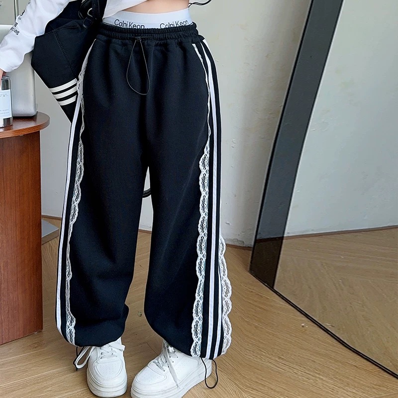 【清货】2025春韩版条纹花边拼接垂感宽松阔腿卫裤 D138 138 R Q