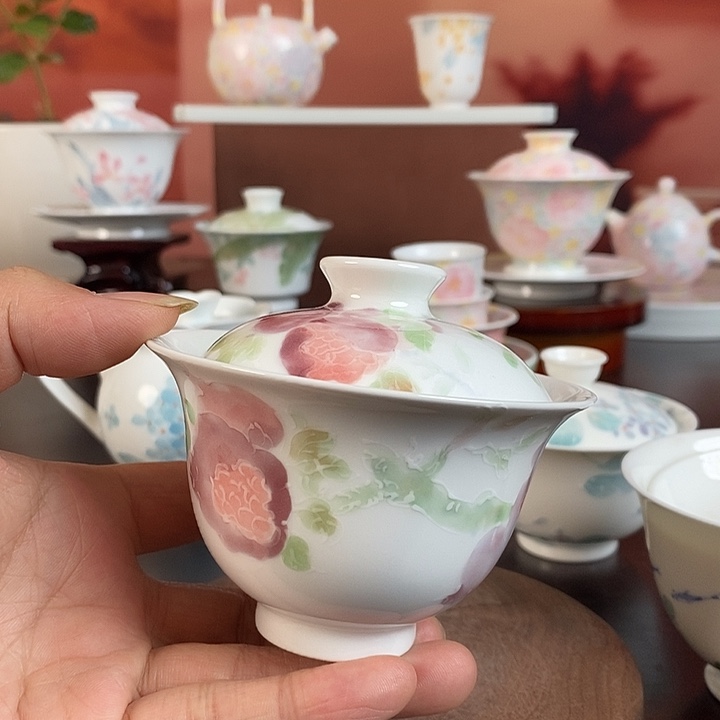 石榴盖碗釉下手绘高温