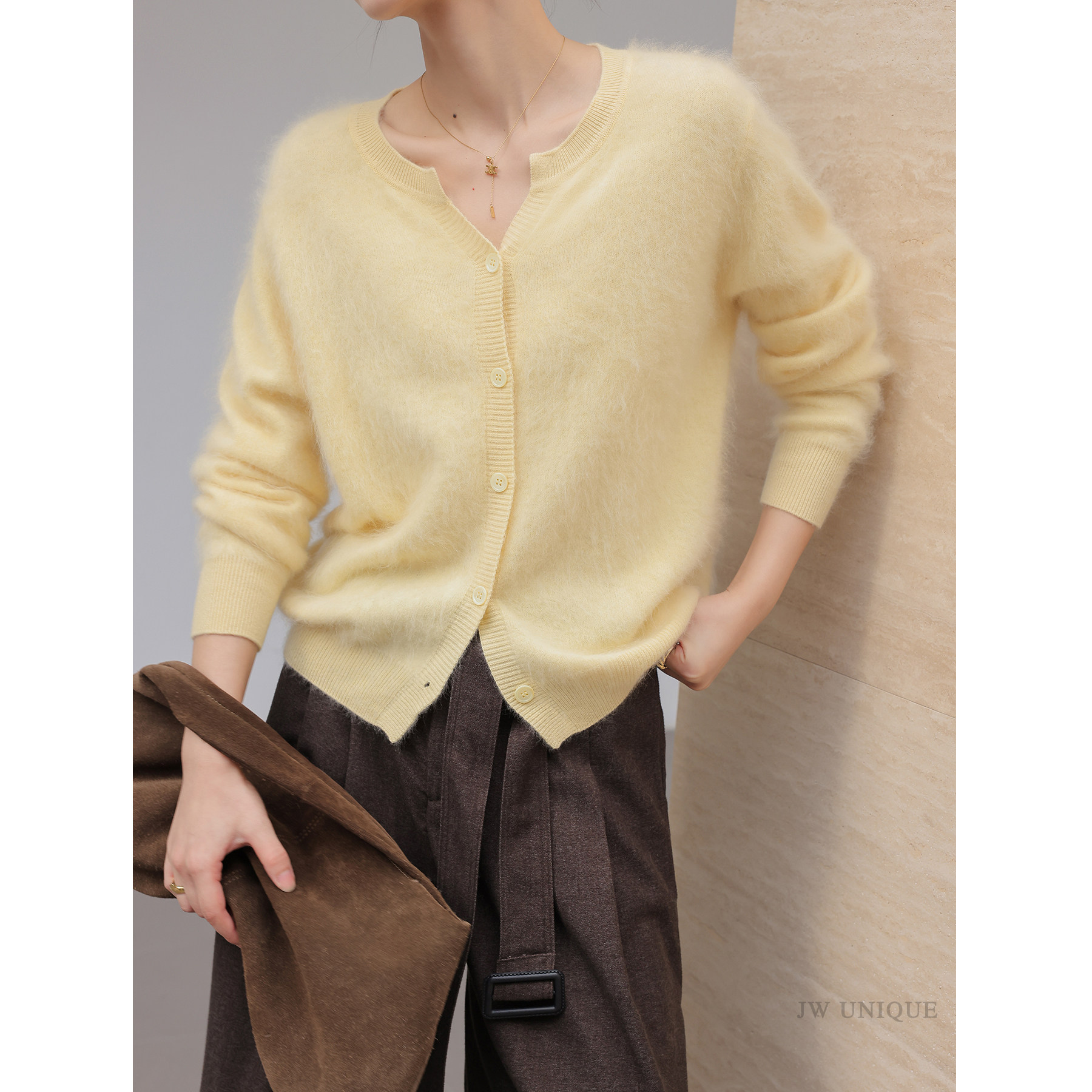 酒窝定制黄色拉毛软糯羊毛毛衣开衫女2025年秋冬新款百搭针织上衣