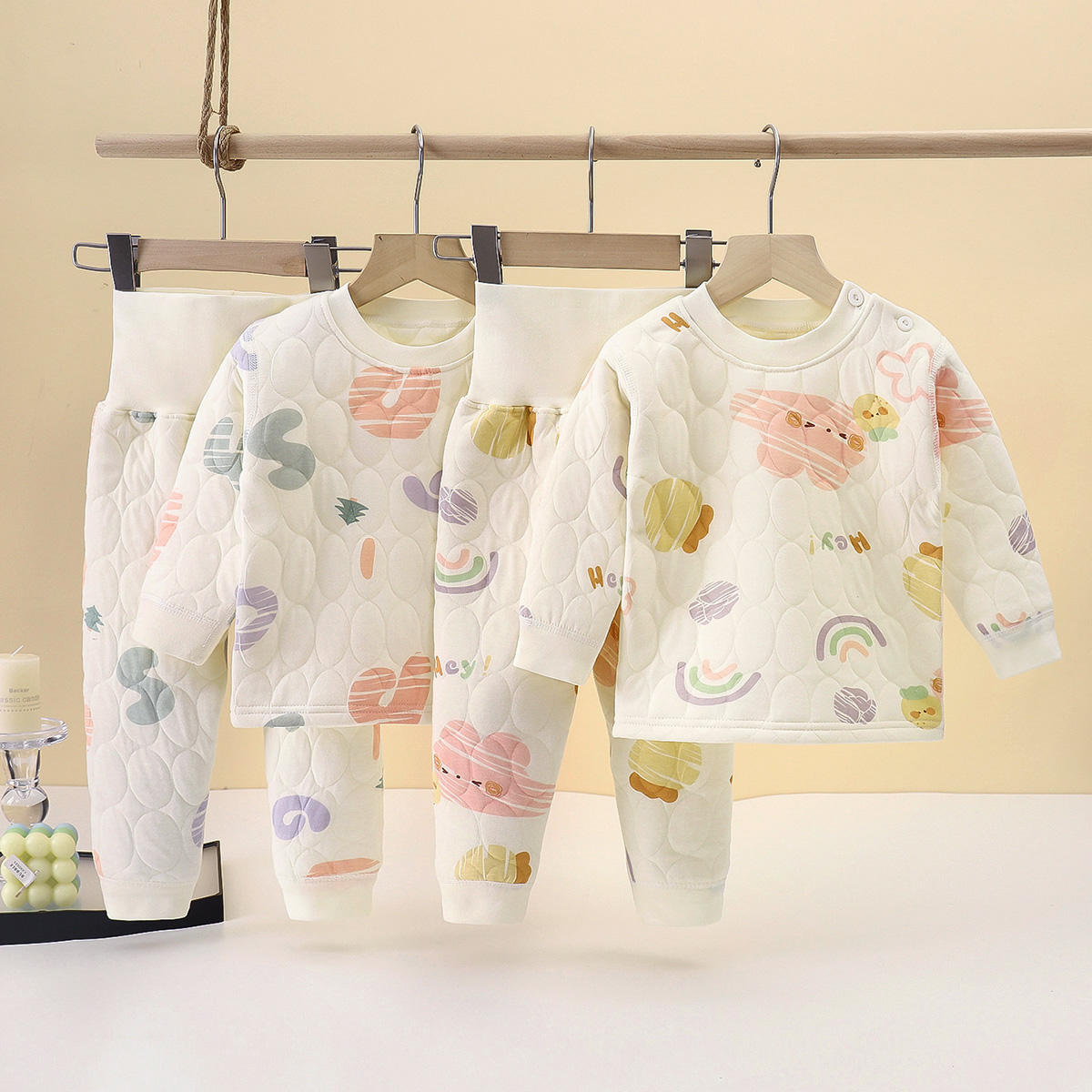 宝宝无骨夹棉套装婴儿保暖内衣儿童秋冬高腰护肚加厚秋衣男女睡衣