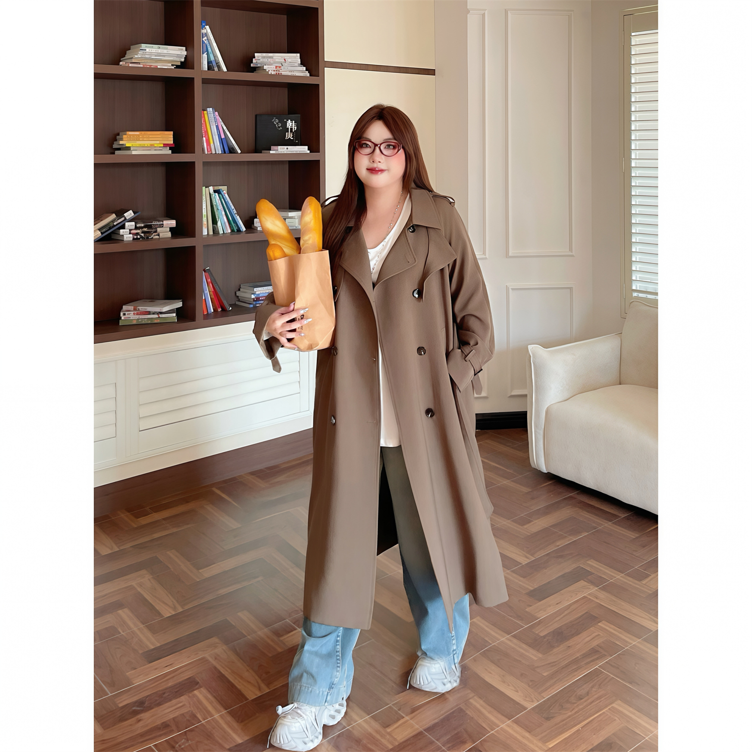 花契"罗马晚风"大码女装秋季简约200斤胖mm韩系长款风衣15665-C