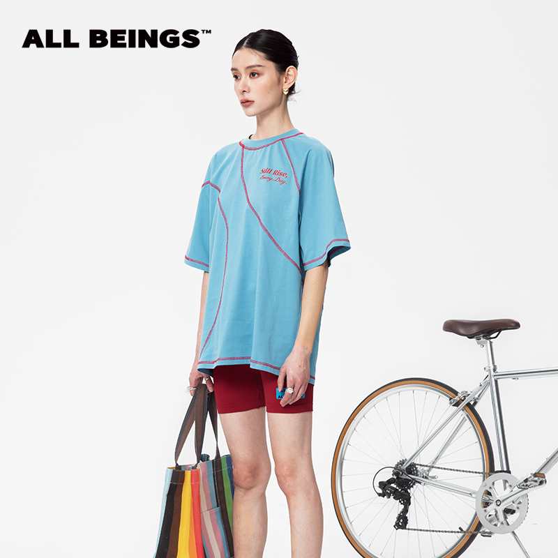 ALL BEINGS25年春夏设计师新款湖蓝撞色装饰线时尚露背T恤