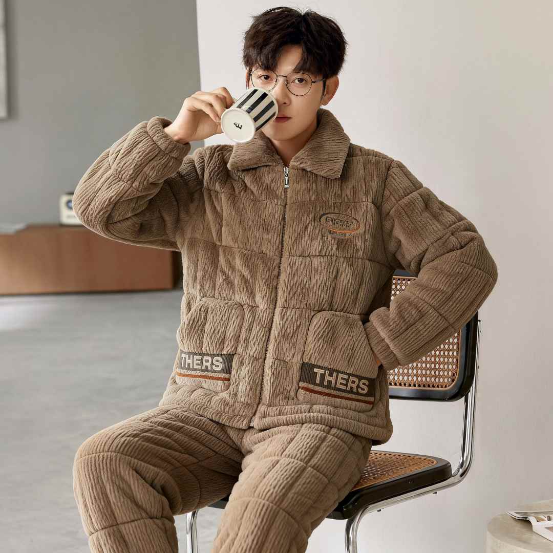 冬天三层夹棉睡衣男可外穿加厚特厚简约冬季保暖男士家居服套装