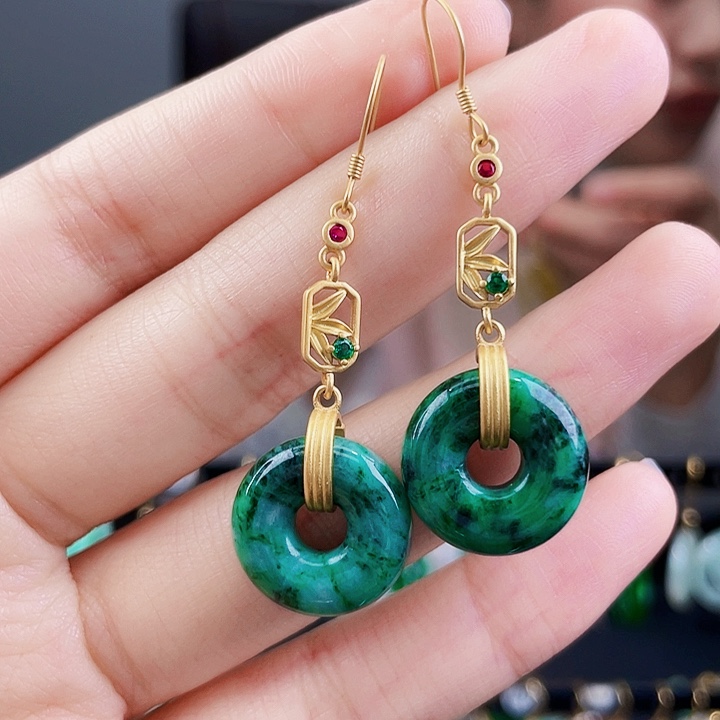 翡翠耳饰银S925镶嵌饰品