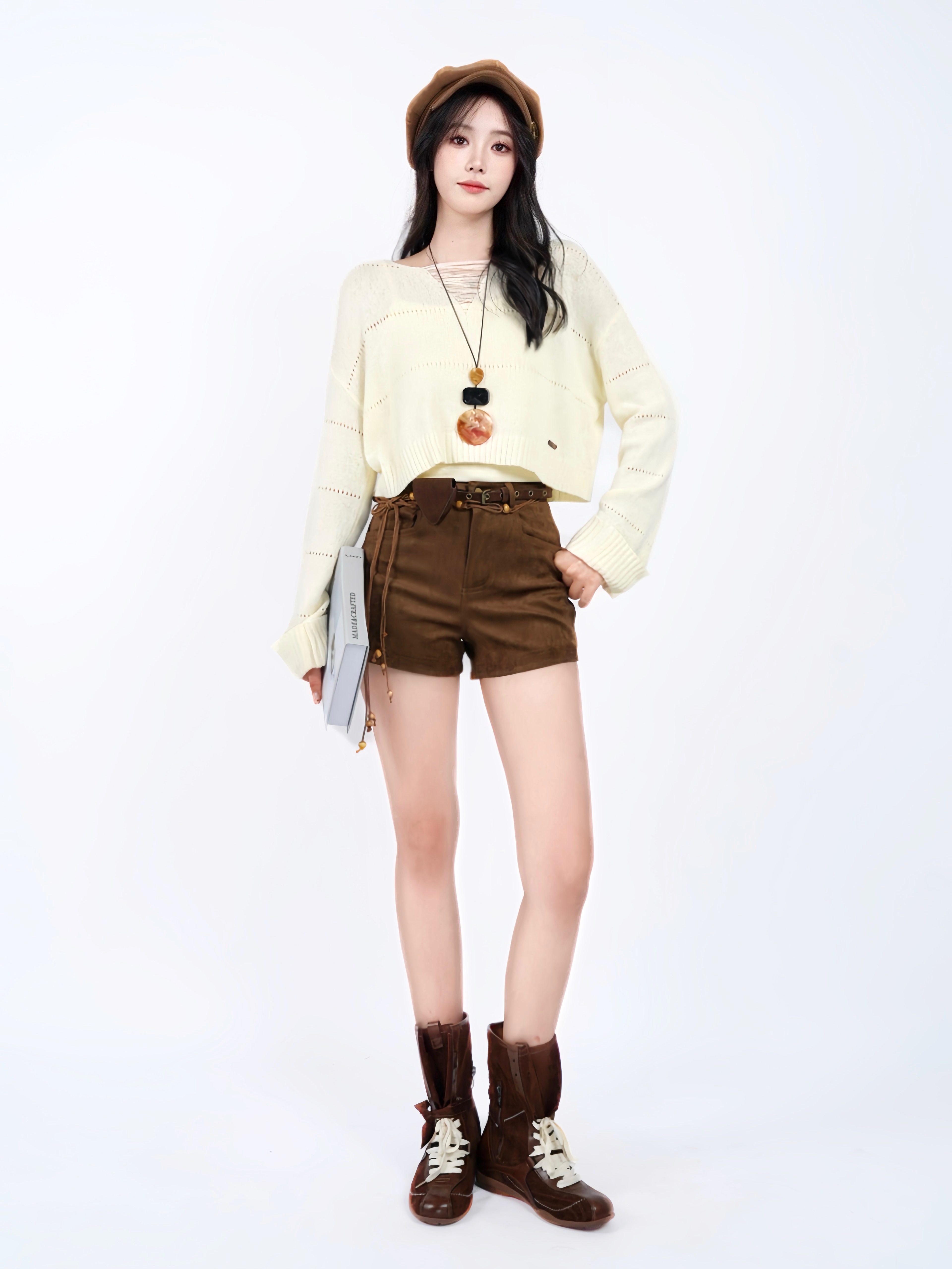 【NEW】时尚休闲显身材上搭针织套装+修身显腿长短裤