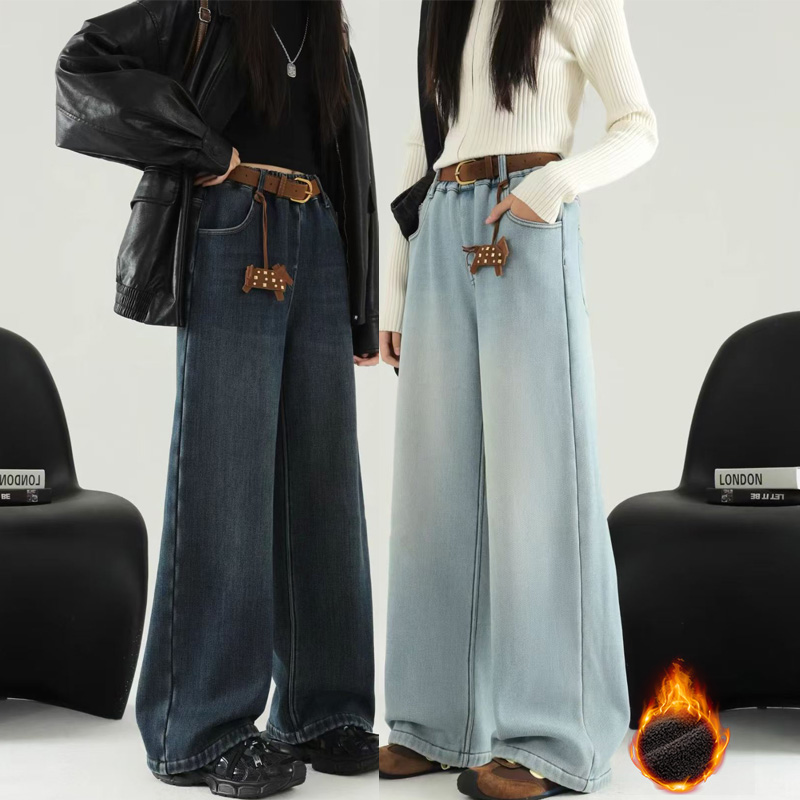 裤子冬季复古加厚拖地长裤女童宽松牛仔裤高腰显瘦