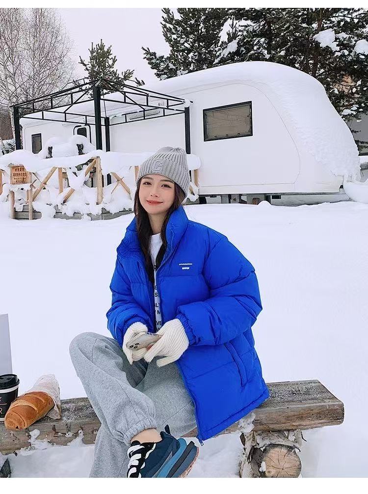 韩版外套短款克莱因蓝羽绒服宽松时尚潮流亮色厚款学生拉链情侣装