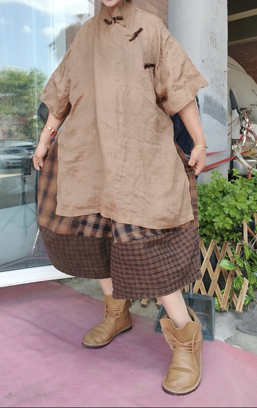 无吊牌砂洗做旧盘扣麻奶奶短袖衫