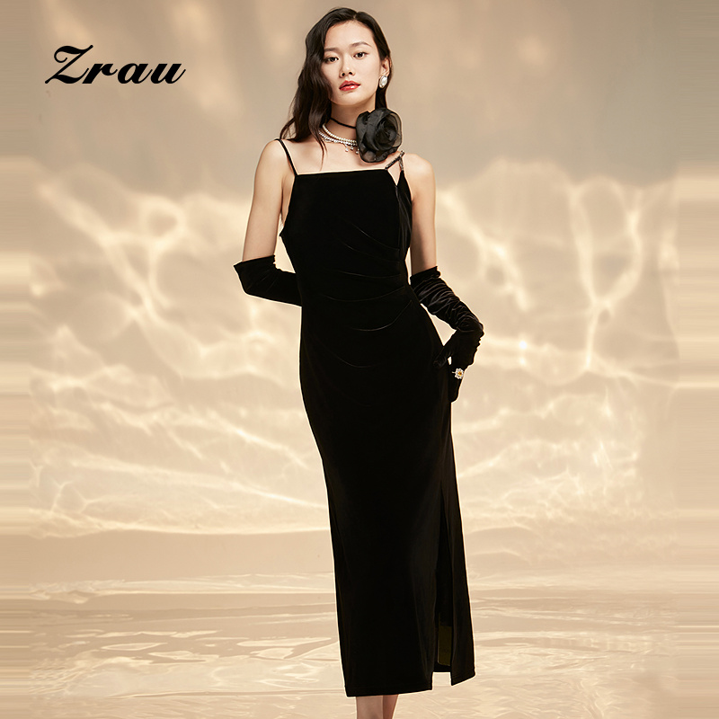 【臻选】ZRAU高贵气质前侧开叉设计吊带连衣裙Z1241L0014