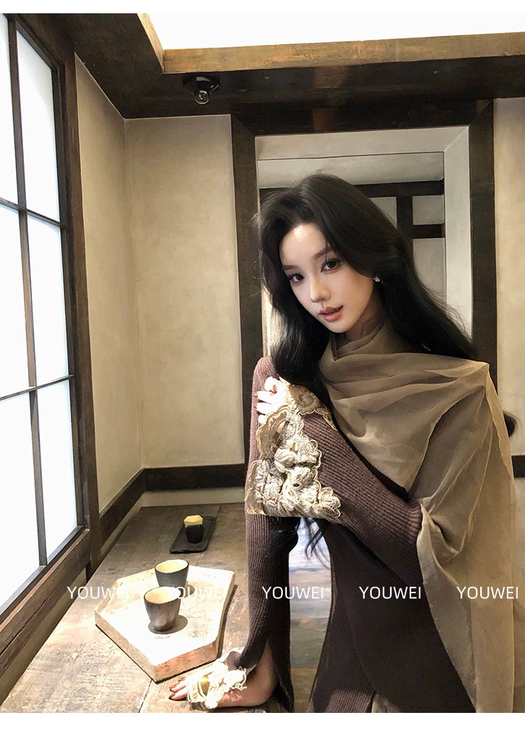 法式飘带撞色拼接针织衫上衣+皮裙两件套装女潮