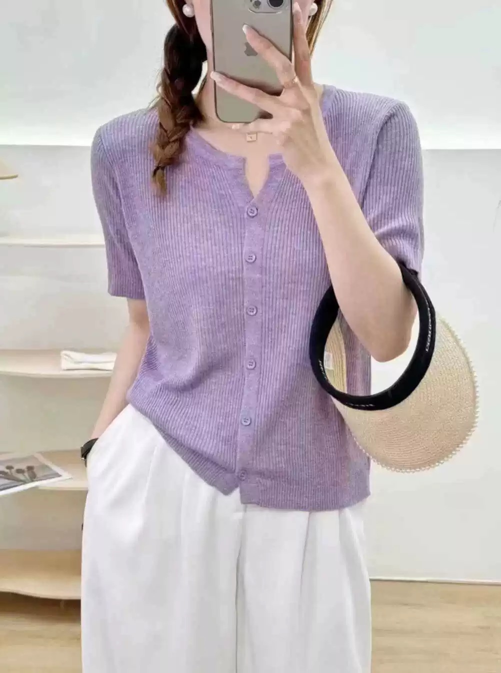 【紫色开衫短袖】冰凉透气时尚提花显瘦针织短袖