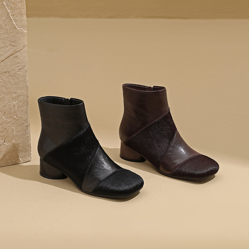 AMEINOR2025夏季新款小个子粗跟加绒百搭时尚女士短靴0239