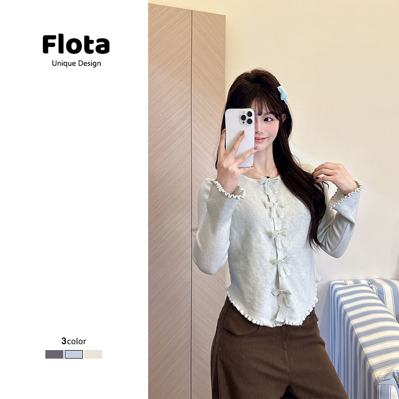 【flota】蝴蝶结装饰v领长袖女立体纽扣针织波浪边加厚打底上衣3158