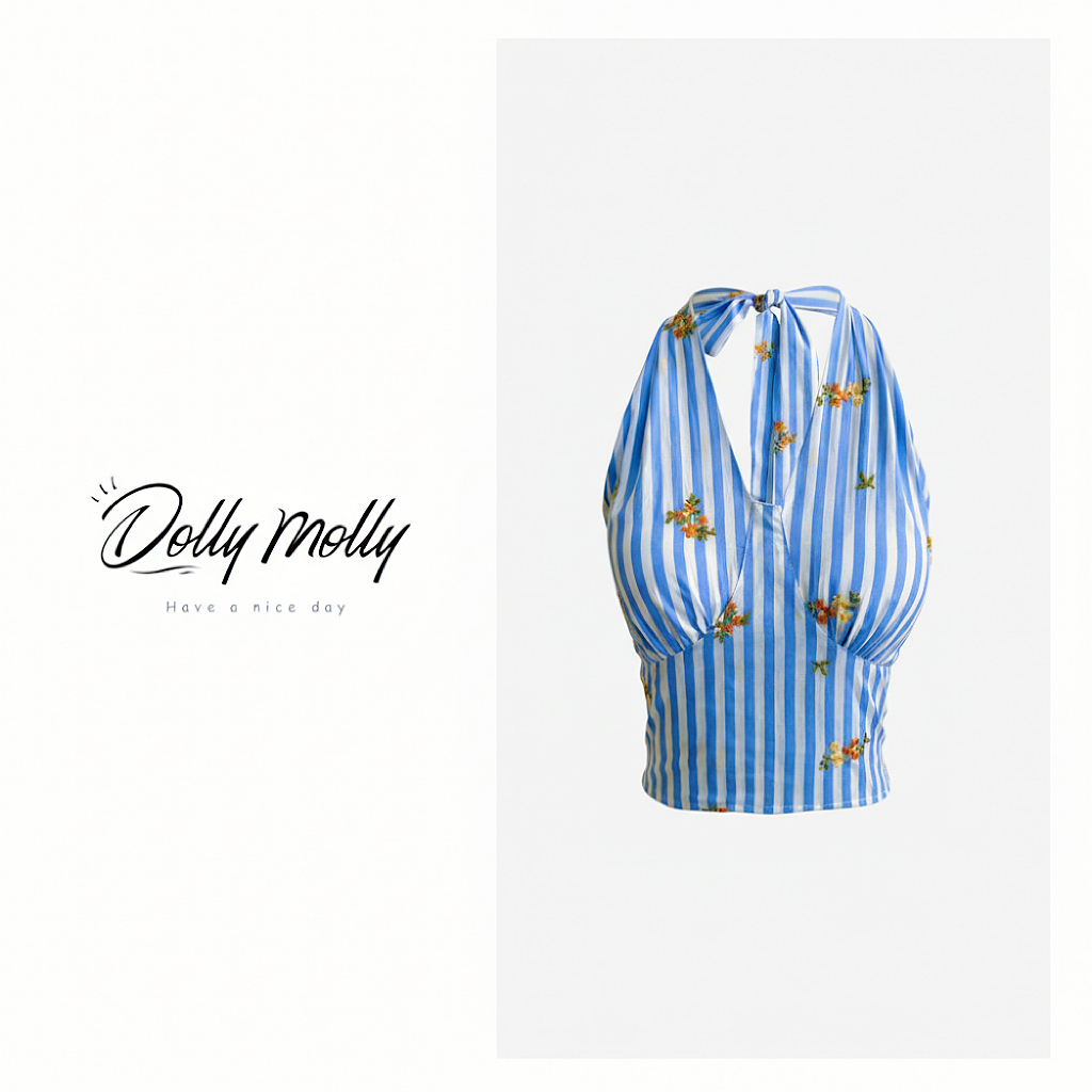 DOLLY&MOLLY刺绣花蓝白竖条纹挂脖吊带背心夏季潮牌时尚清新 382