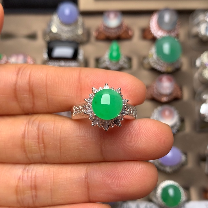 翡翠合金戒指翡翠糯化果阳绿戒面