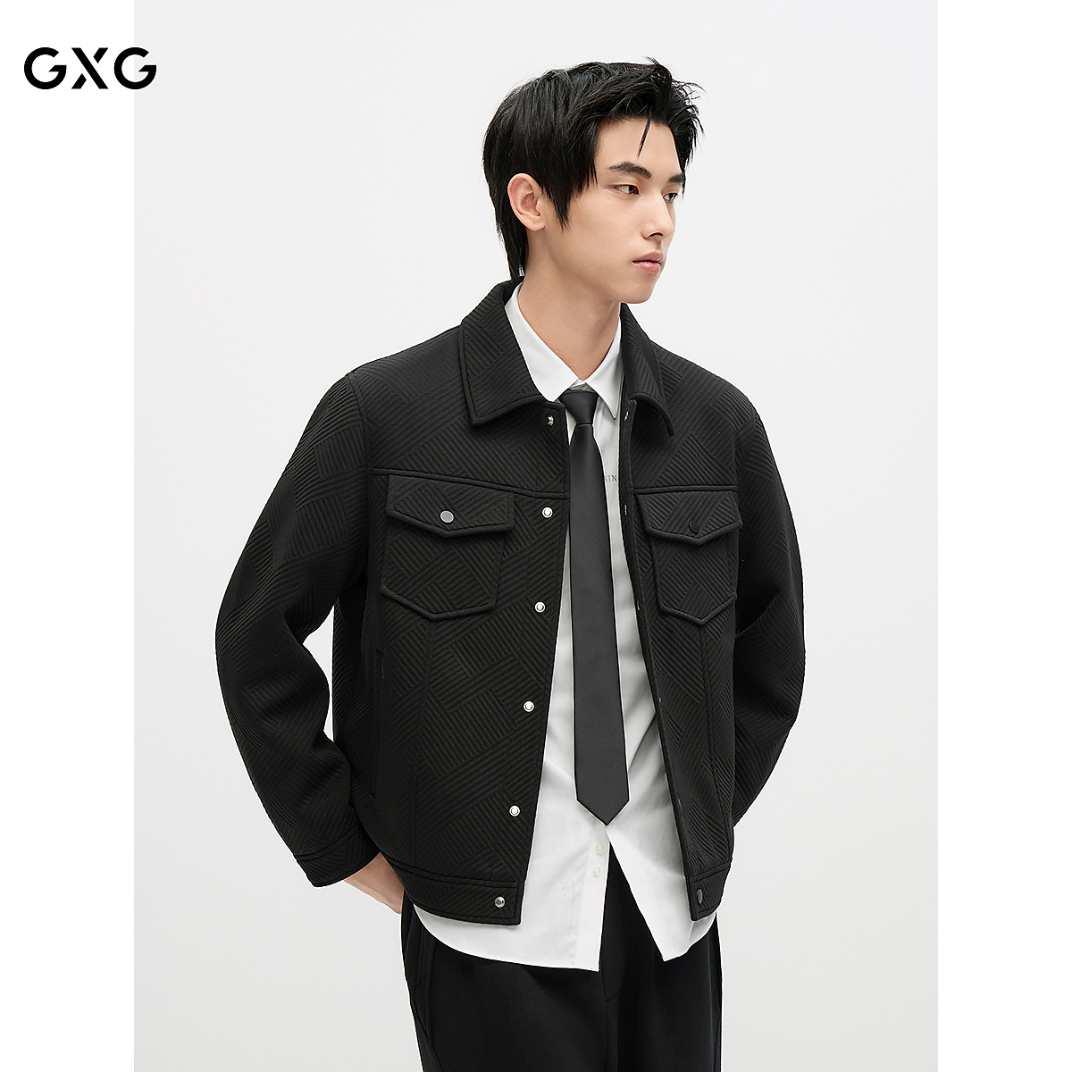 GXG男装 条纹提花肌理翻领夹克外套秋季#G24D213066