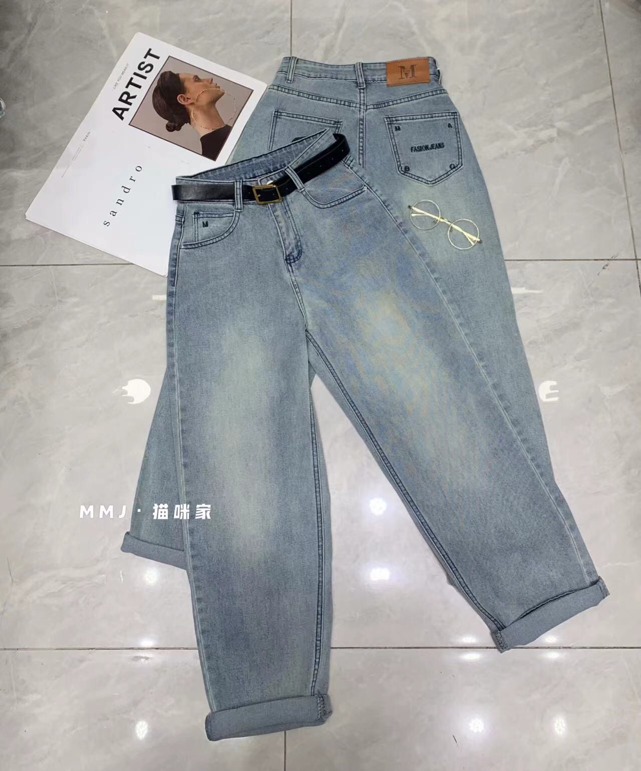 8023高腰显瘦弹力九分老爹裤时尚百搭牛仔裤