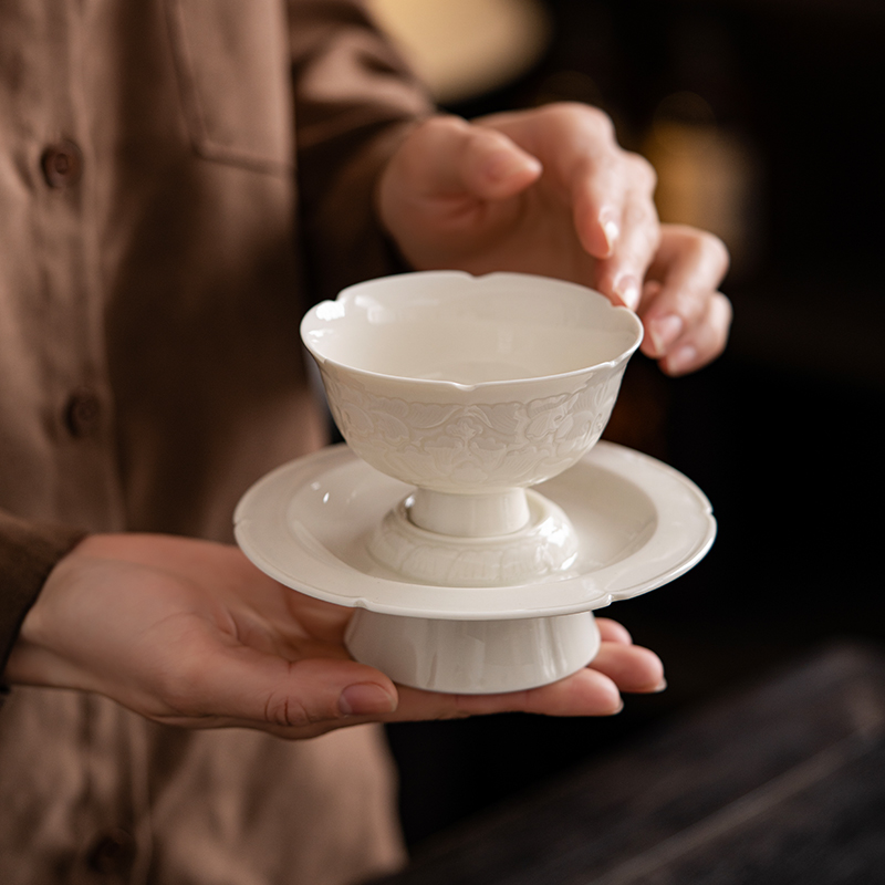 仿宋定窑白主人杯手工浮雕中式茶器陶瓷茶杯品茗杯闻香杯单杯茶杯