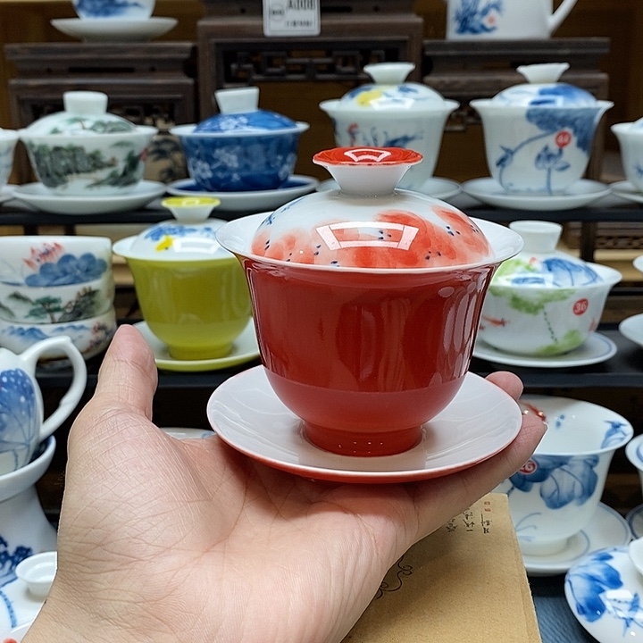 手绘龙船花盖碗160cc釉下彩微瑕福利款