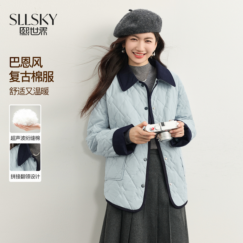1B4SM010熙世界巴恩风棉服女短外套秋冬撞色翻领菱格棉衣