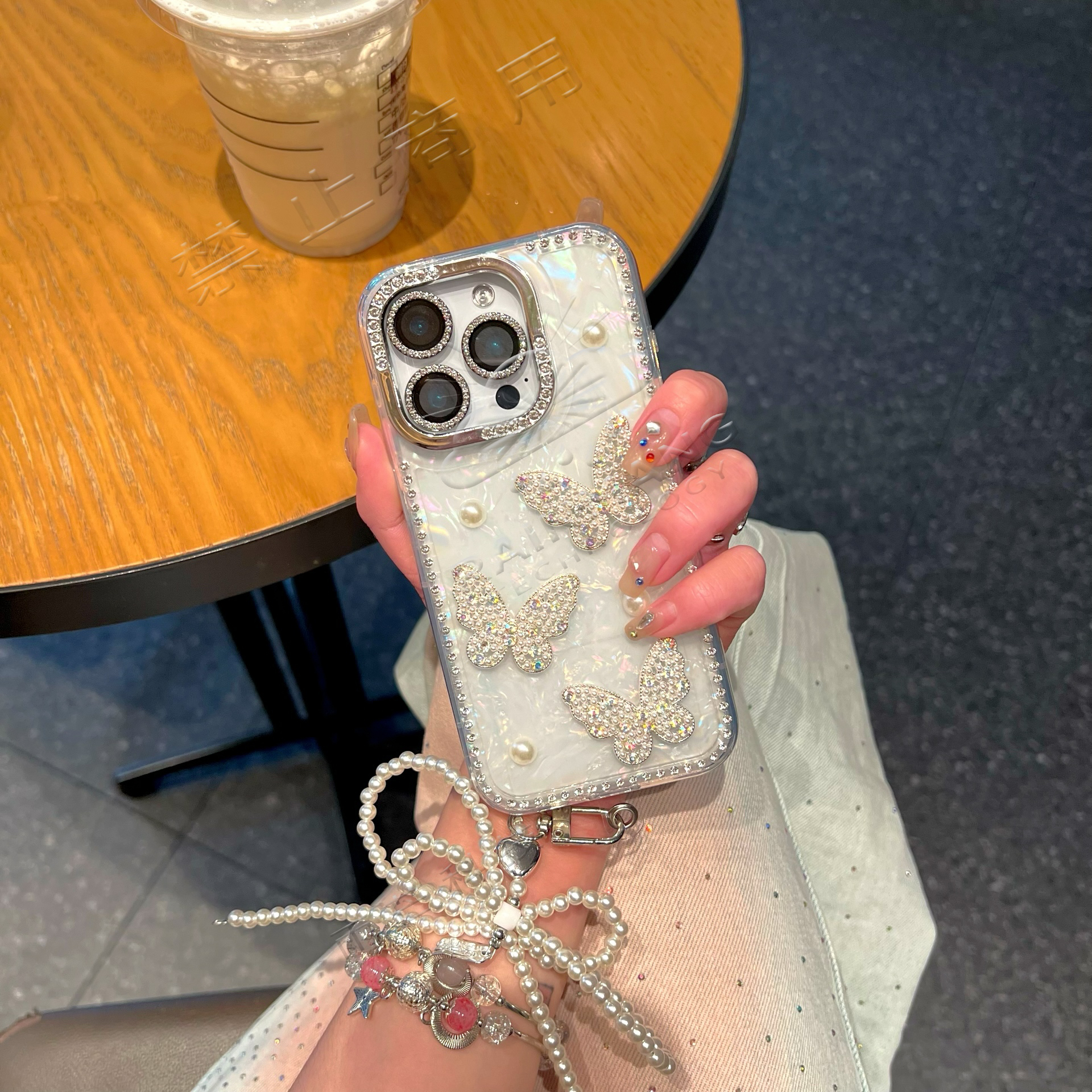 蝴蝶结琉璃闪钻满钻边框贝母适用于iPhoneProMax苹果手机壳/13