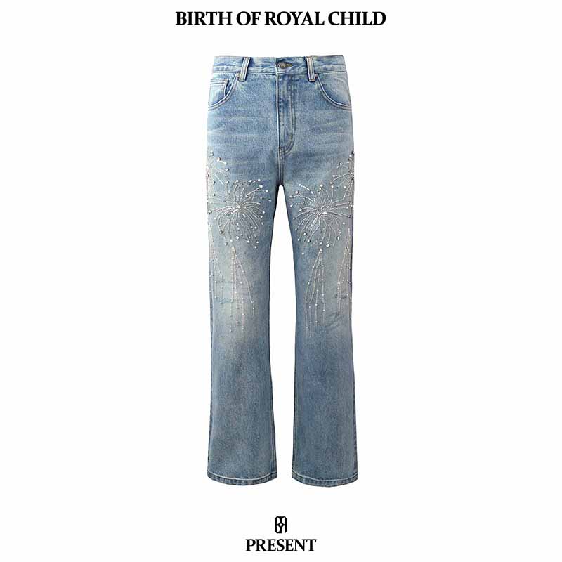 【品牌直发】BIRTH OF ROYAL CHILD珍珠烟花水钻牛仔裤水洗直筒裤