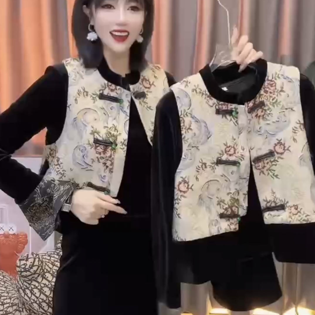 新中式立领国风盘口加棉加厚马甲半身裙套装三件件套