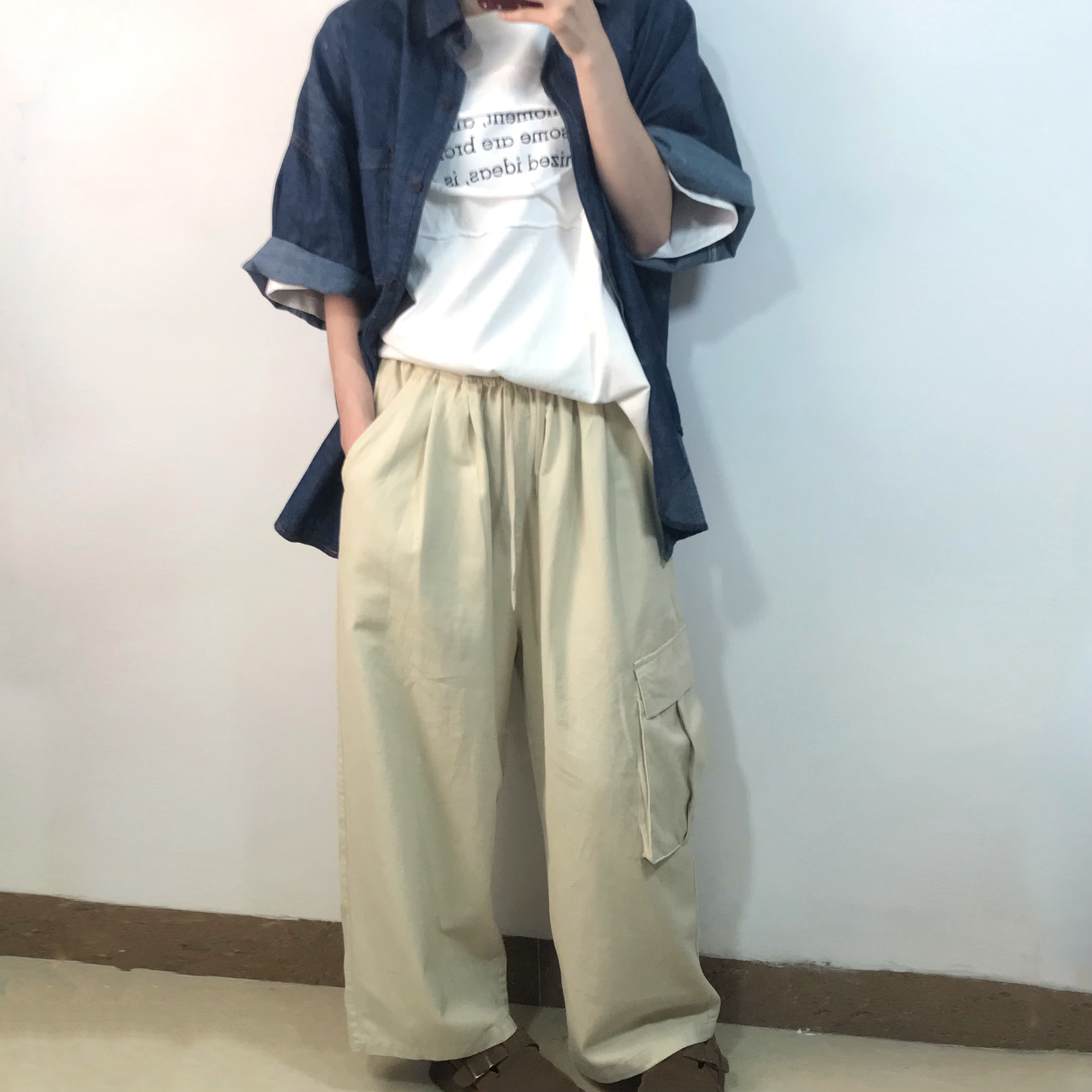 春季休闲宽松工装风口袋松紧阔腿裤（长96左右）