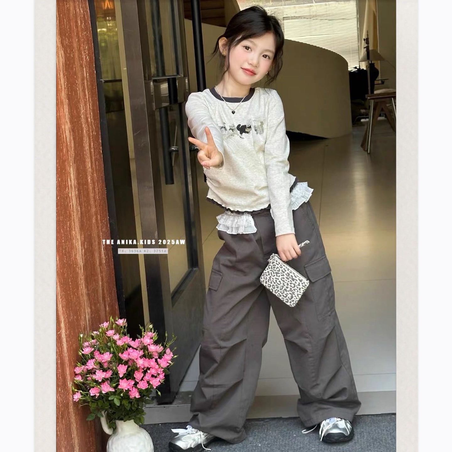 【爆款推荐】女童2025秋季木耳边长袖T恤工装蕾丝花边休闲裤套装
