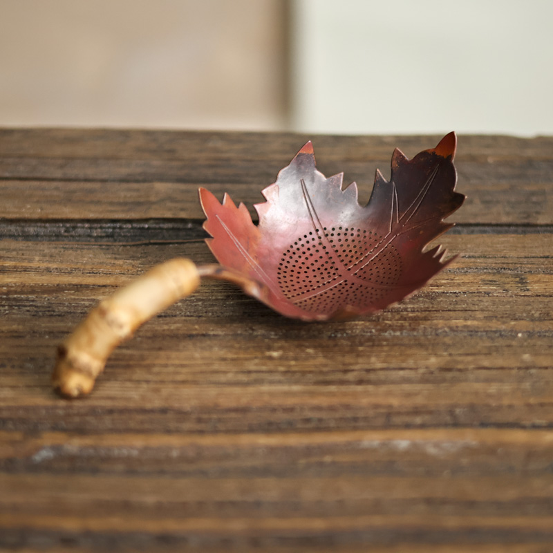 【宽窄】火烧色枫叶竹根把手茶漏（春喜铜0026）