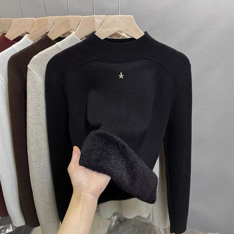 一体绒蕾丝半高领毛衣女加绒加厚打底衫秋冬新款