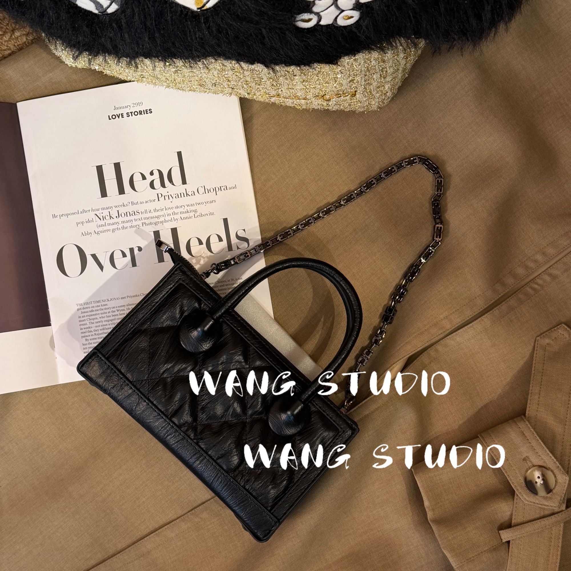 调调包包WANG STUDIO【芝麻泡芙】小众设计款 黑色菱格泡芙小方包