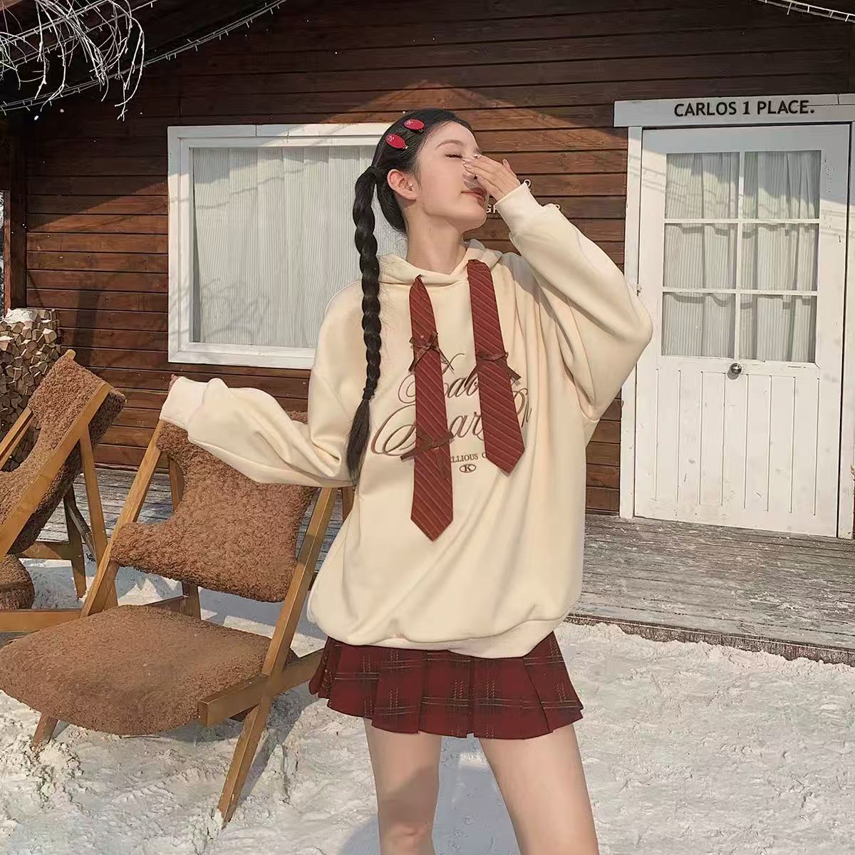 11679*印花加绒厚款女保暖连帽长袖卫衣上衣宽松复古针织