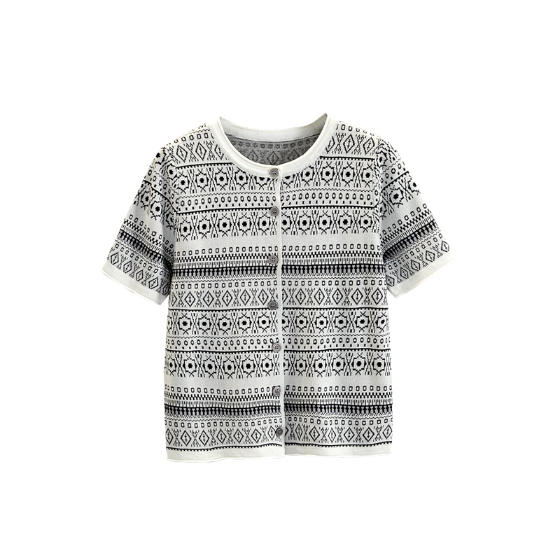 她池2025夏季新款女短袖修身单排扣通勤短款圆领针织衫T52X2293Z