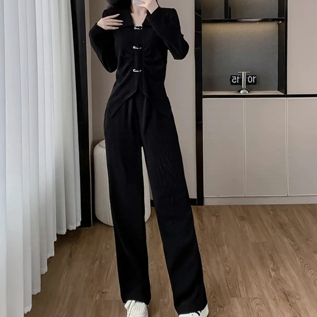 9570（302四）时尚休闲秋季简约洋气设计感翻领上衣阔腿裤套装