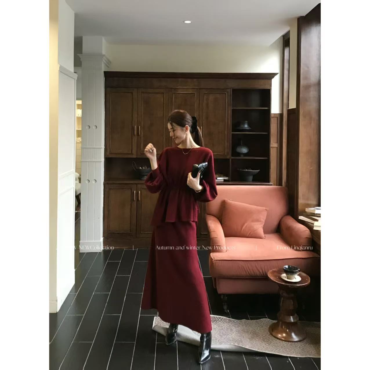 【林千入·圣诞舞会】新款气质显瘦红色复古色色调气氛时尚套装